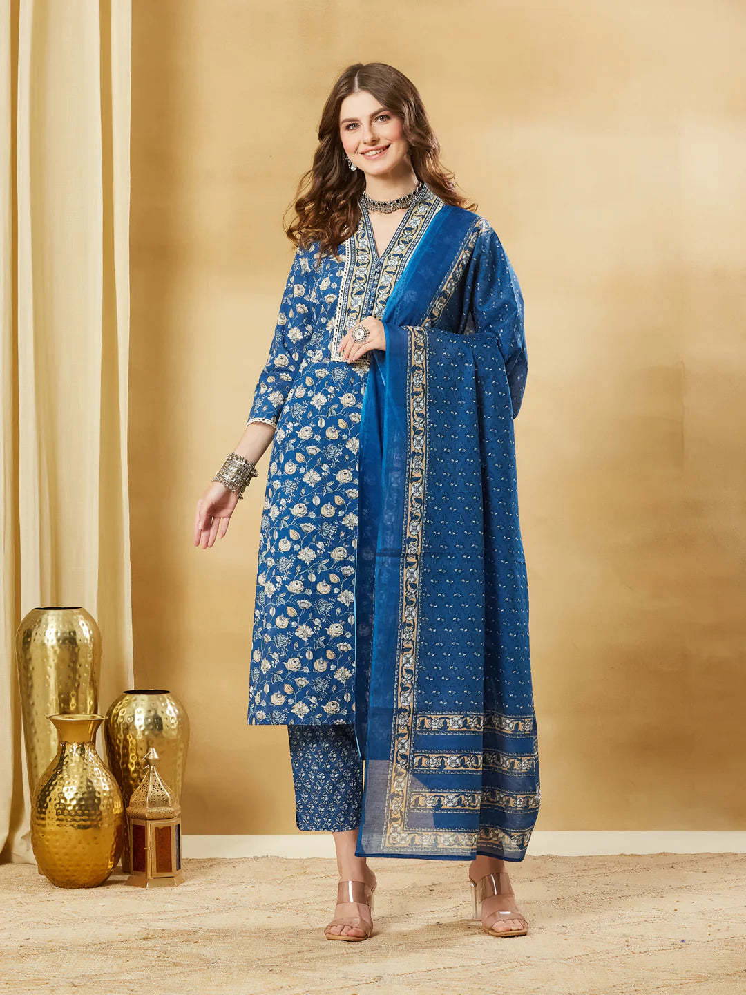 INDICASA Blue A-Line Cotton Kurta Pant Set With Dupatta
