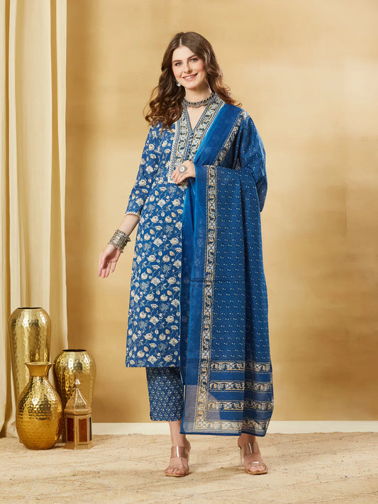 INDICASA Blue A-Line Cotton Kurta Pant Set With Dupatta