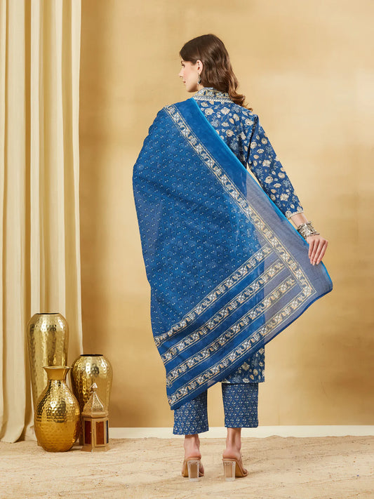 INDICASA Blue A-Line Cotton Kurta Pant Set With Dupatta