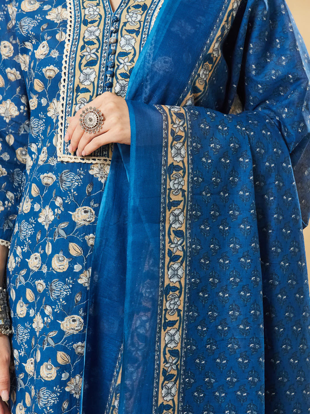 INDICASA Blue A-Line Cotton Kurta Pant Set With Dupatta