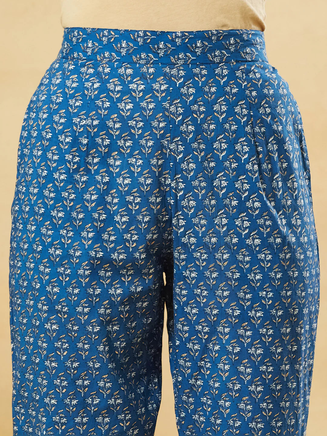INDICASA Blue A-Line Cotton Kurta Pant Set With Dupatta