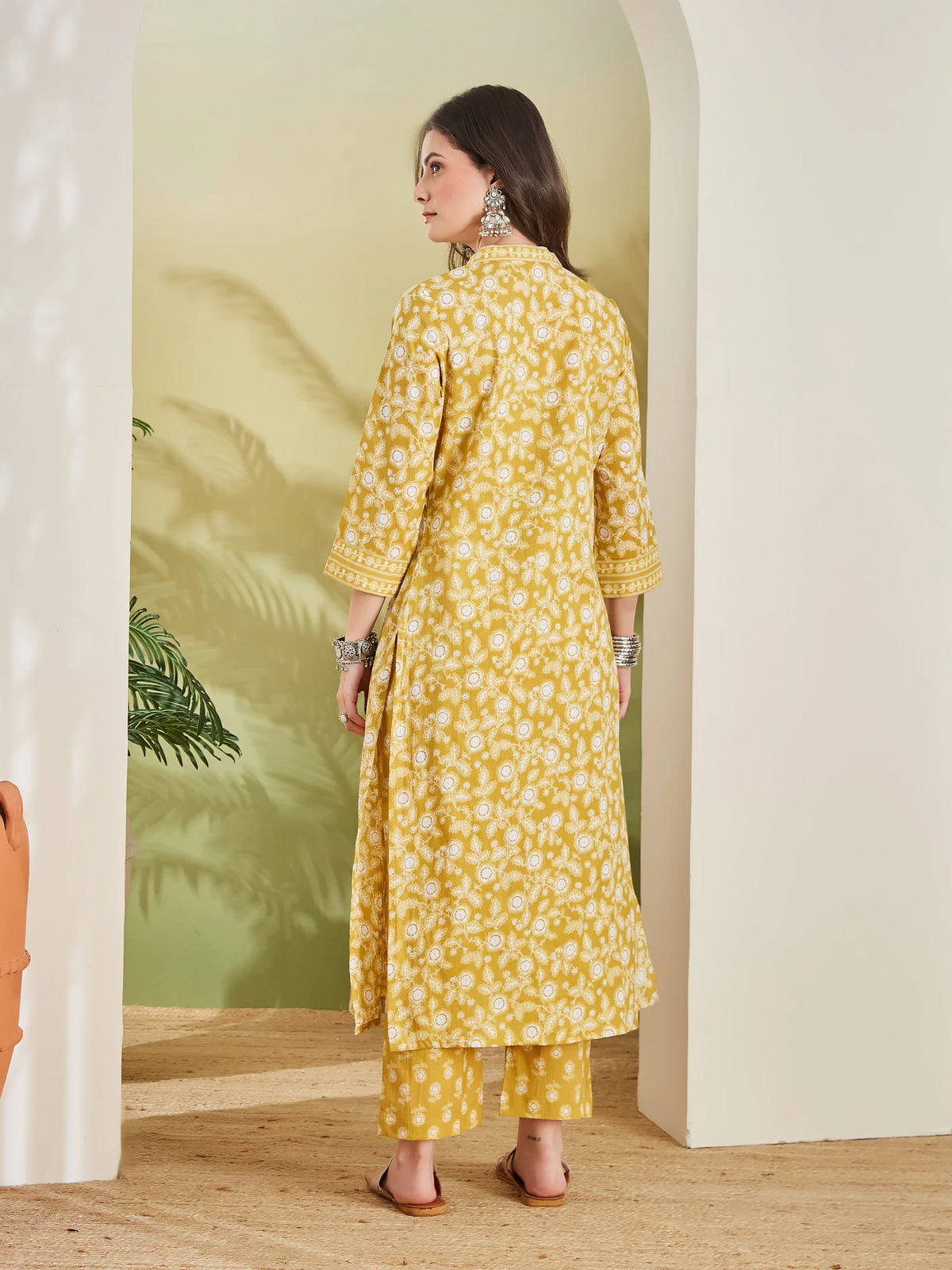 INDICASA Women Floral Printed Pure Cotton A-Line Yellow Kurta With Pants