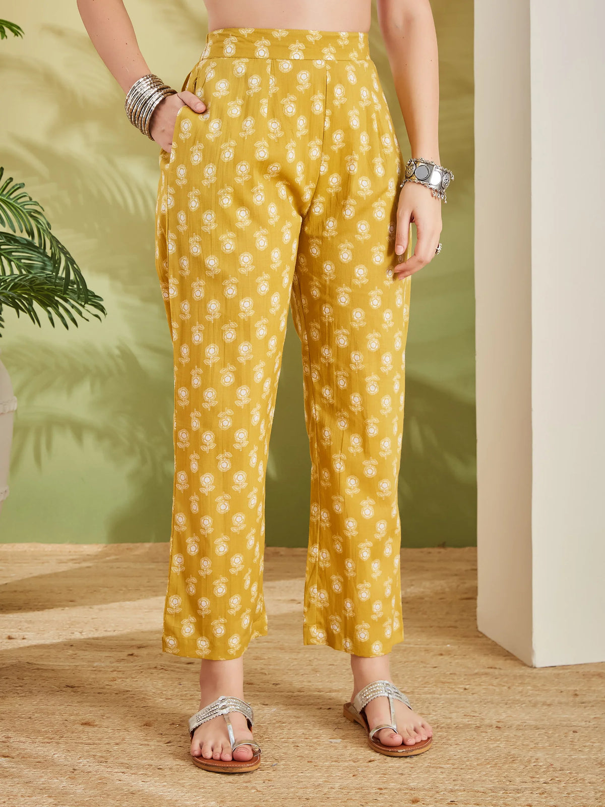INDICASA Women Floral Printed Pure Cotton A-Line Yellow Kurta With Pants