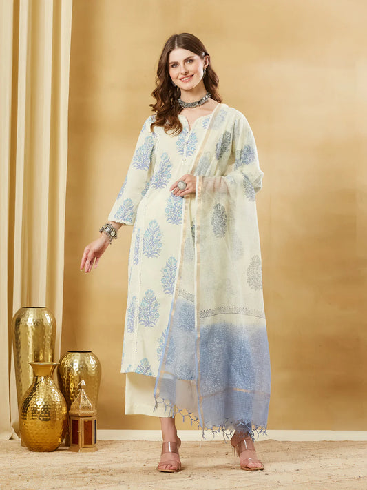 INDICASA Blue Cotton Zari work Kurta Pant Set With Dupatta