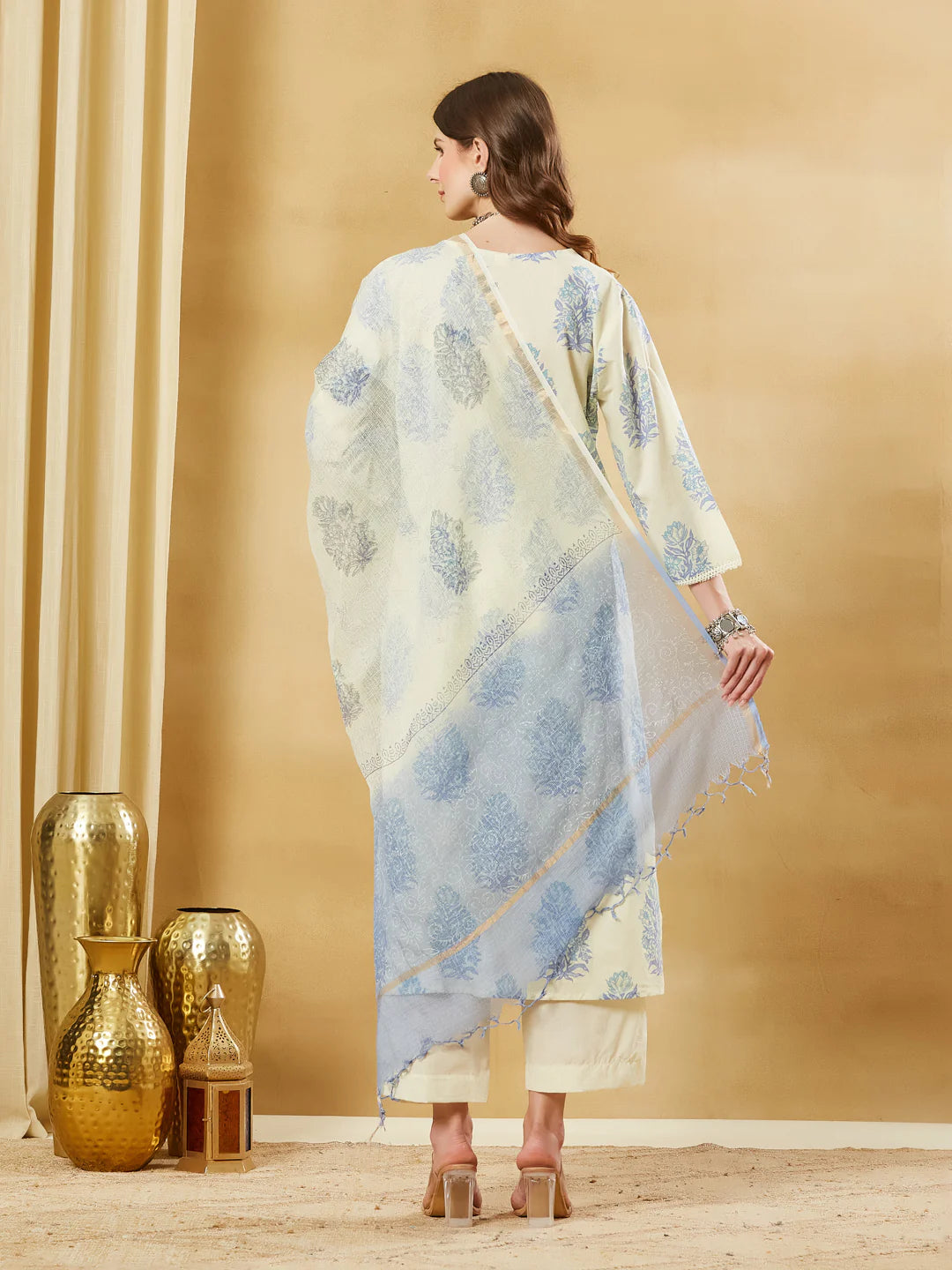 INDICASA Blue Cotton Zari work Kurta Pant Set With Dupatta