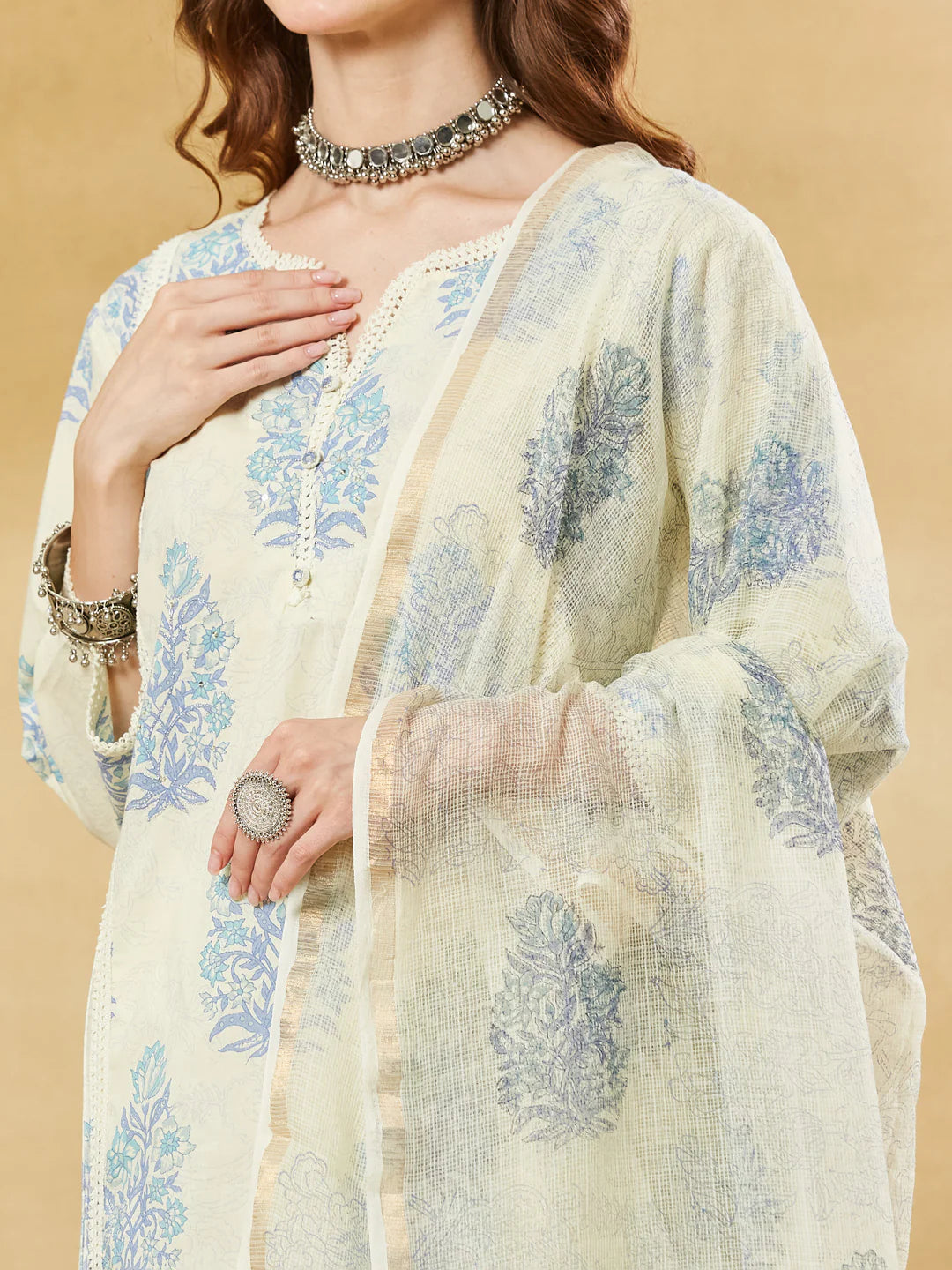 INDICASA Blue Cotton Zari work Kurta Pant Set With Dupatta
