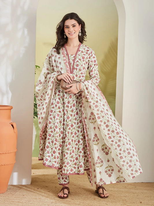INDICASA Women Floral Printed Pure Cotton Cream Anarkali Kurta Set with Trousers & Dupatta