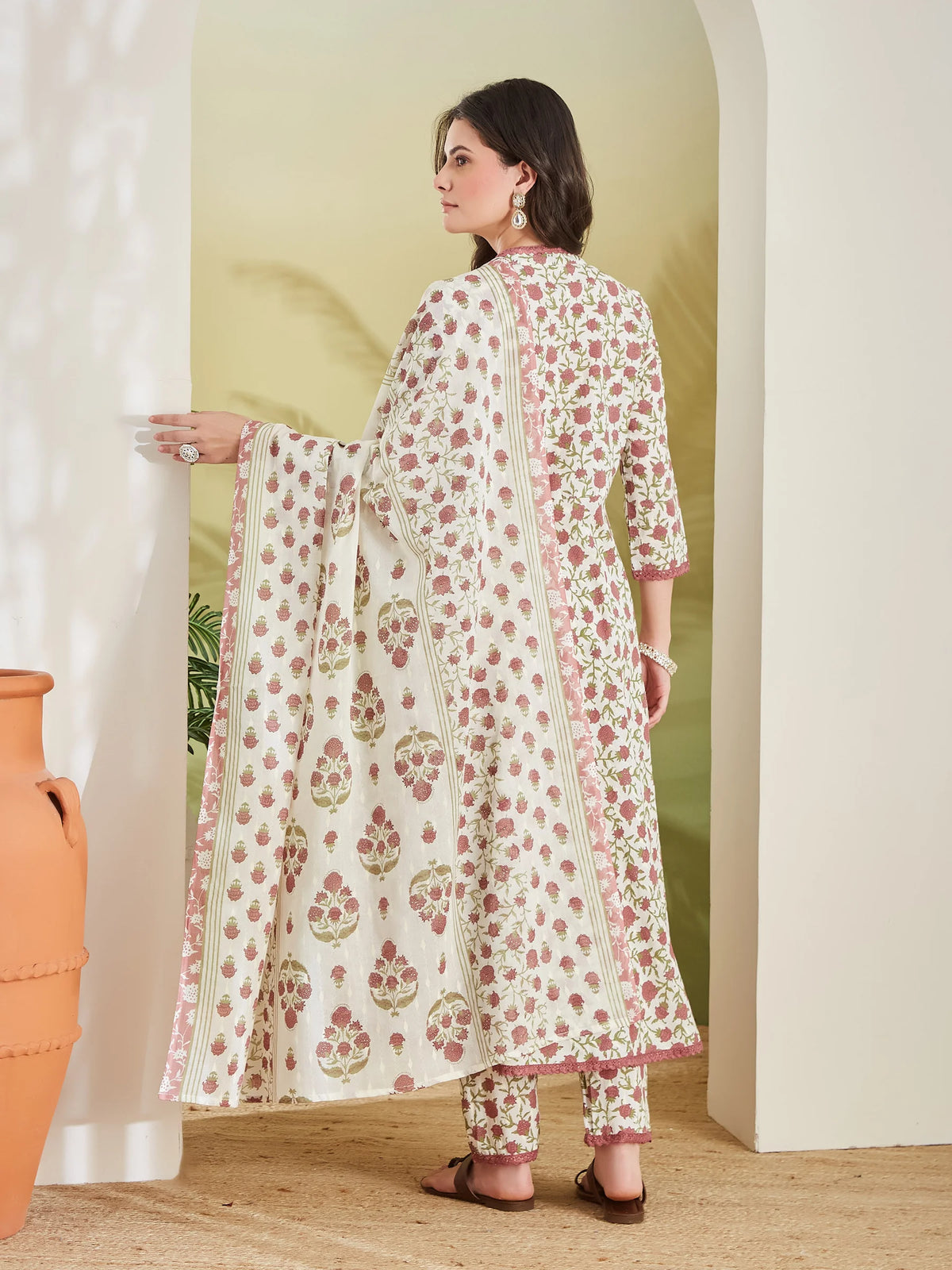INDICASA Women Floral Printed Pure Cotton Cream Anarkali Kurta Set with Trousers & Dupatta