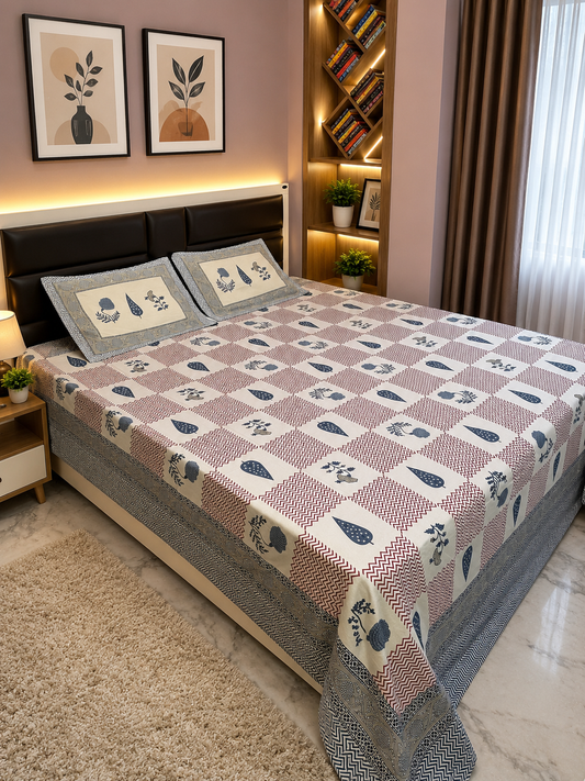 INDICASA Chevron and Buti Motifs Hand Block Printed Super King Bedsheet with 2 pillow covers