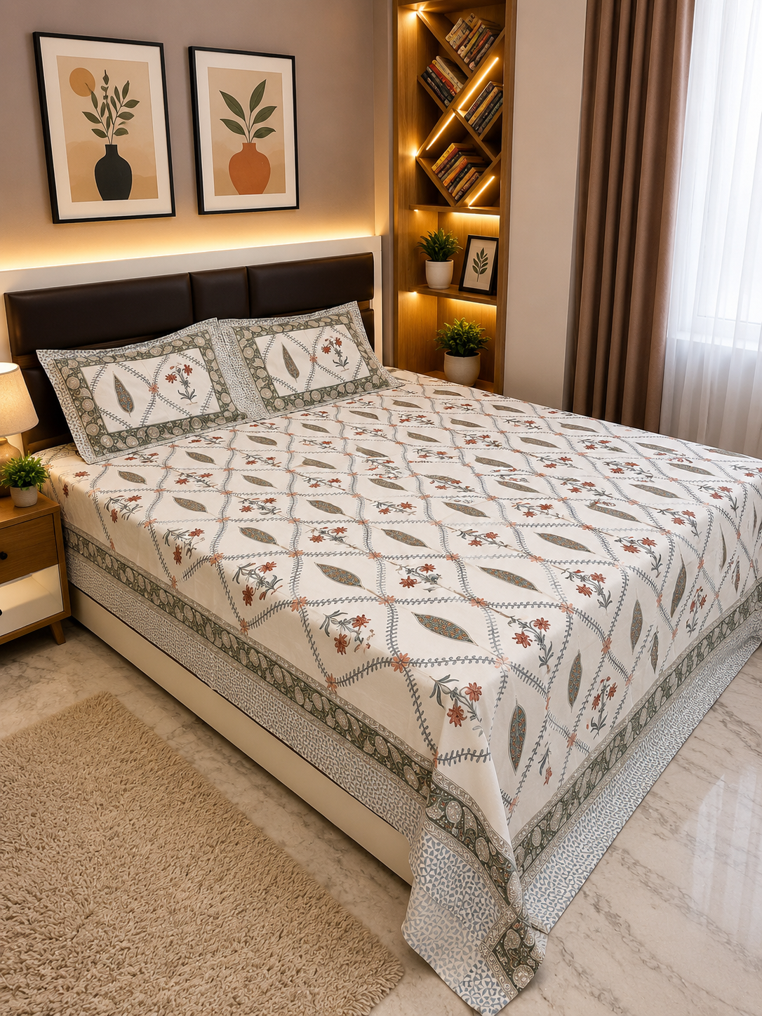 INDICASA Wild Whispered Flowers and Buti Motifs Hand Block Printed Super King Bedsheet with 2 pillow covers