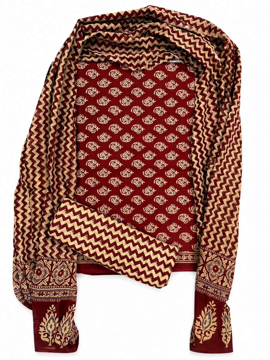 Unstitched Pure Cotton Suit with Cotton Dupatta (Maroon)