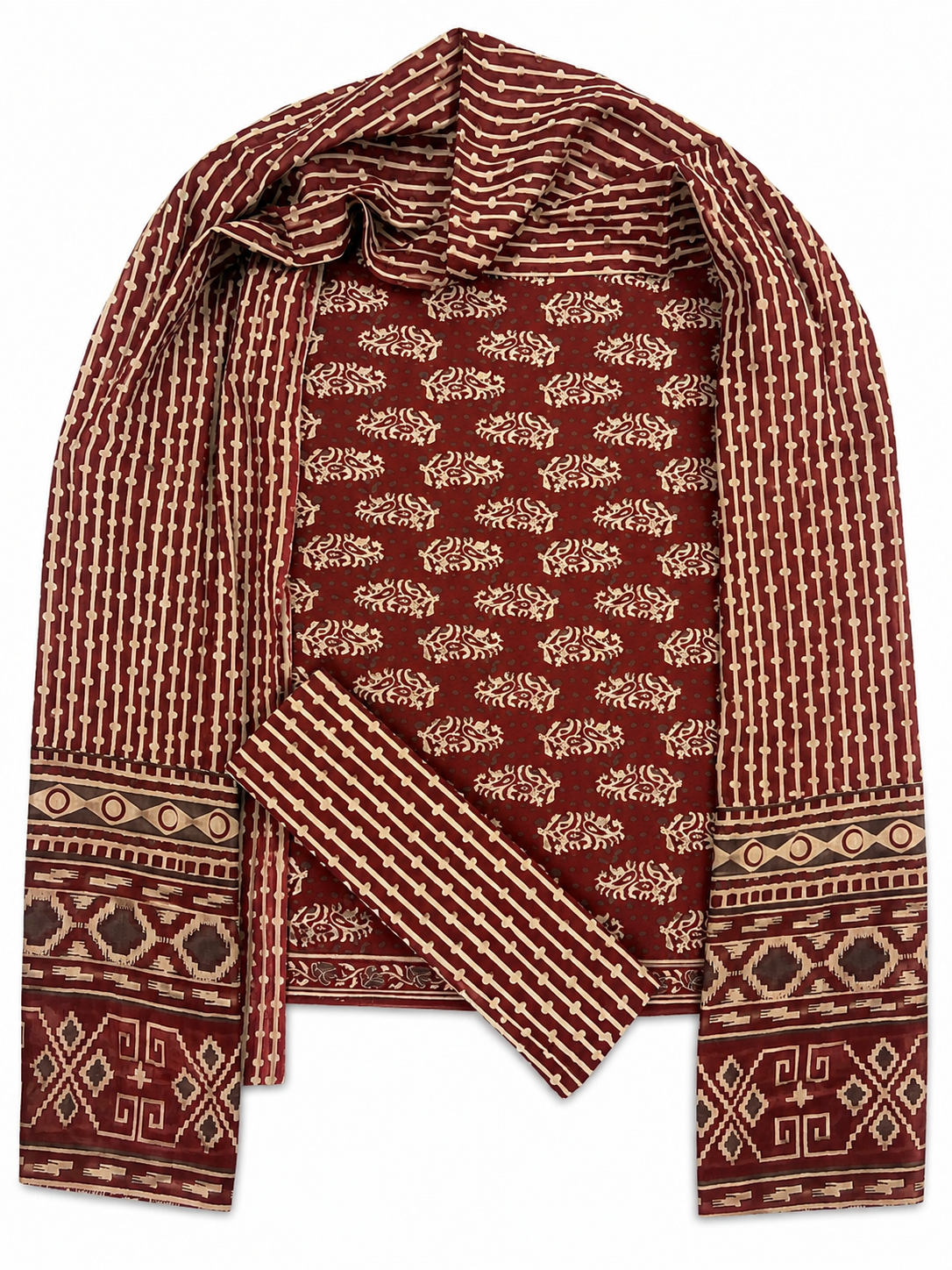 Unstitched Pure Cotton Suit with Cotton Dupatta (Maroon)