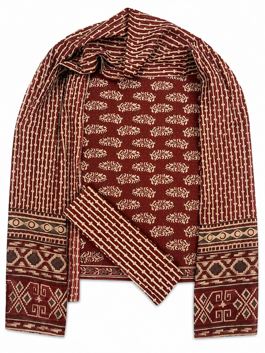 INDICASA Traditional Sanganeri Printed Cotton Suit With Cotton Dupatta (Maroon)