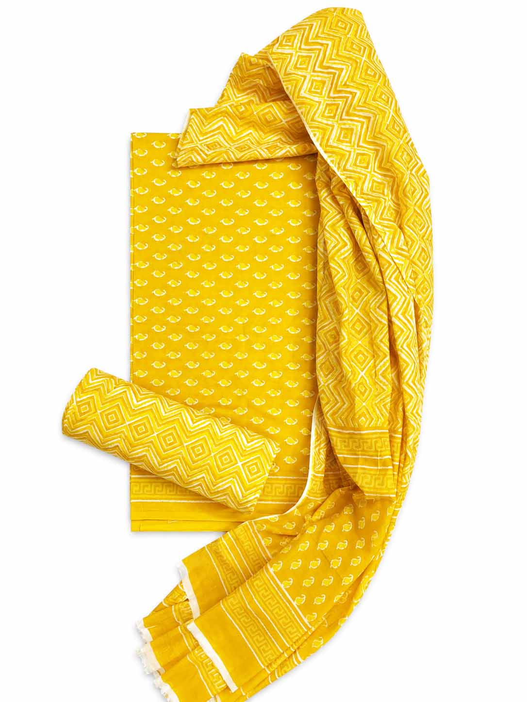 INDICASA Yellow Blossom Printed Cotton Suit With Cotton Dupatta (Yellow)