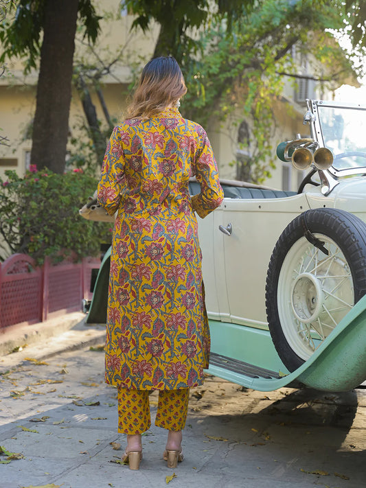 INDICASA Yellow Floral Print Cotton Fabric A-Line Kurta Pant With Dupatta