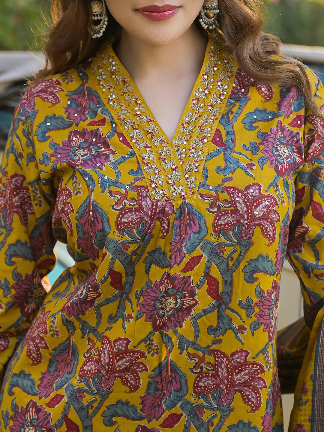 INDICASA Yellow Floral Print Cotton Fabric A-Line Kurta Pant With Dupatta