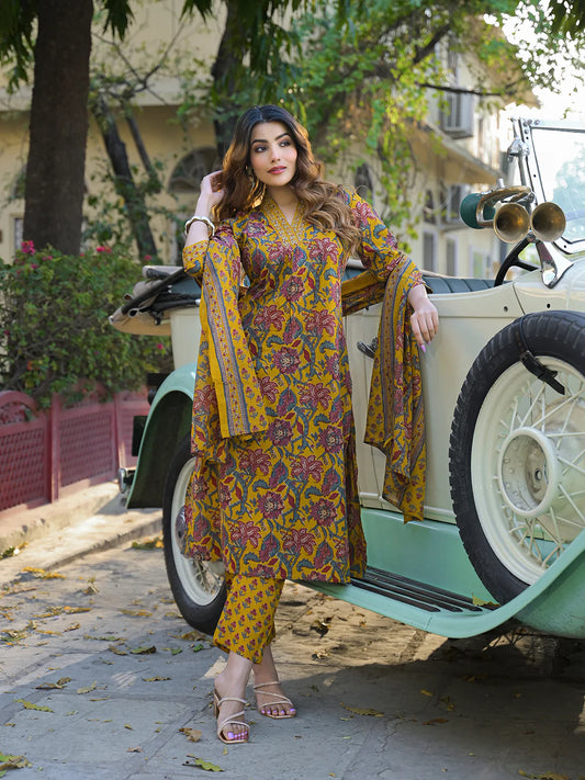 INDICASA Yellow Floral Print Cotton Fabric A-Line Kurta Pant With Dupatta