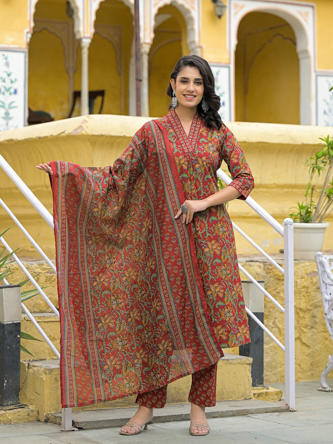 INDICASA Maroon Cotton V-neck Kurta Pant Set with Dupatta