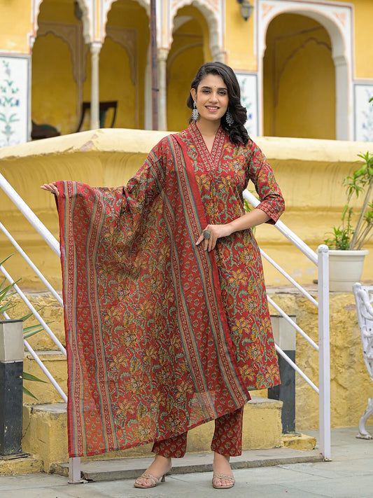 INDICASA Maroon Cotton V-neck Kurta Pant Set with Dupatta