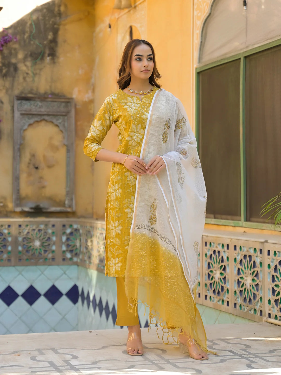 INDICASA Mustard Floral Print Cotton Straight Fit Kurta Pant with Dupatta