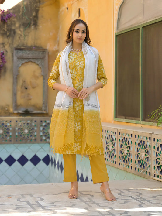 INDICASA Mustard Floral Print Cotton Straight Fit Kurta Pant with Dupatta