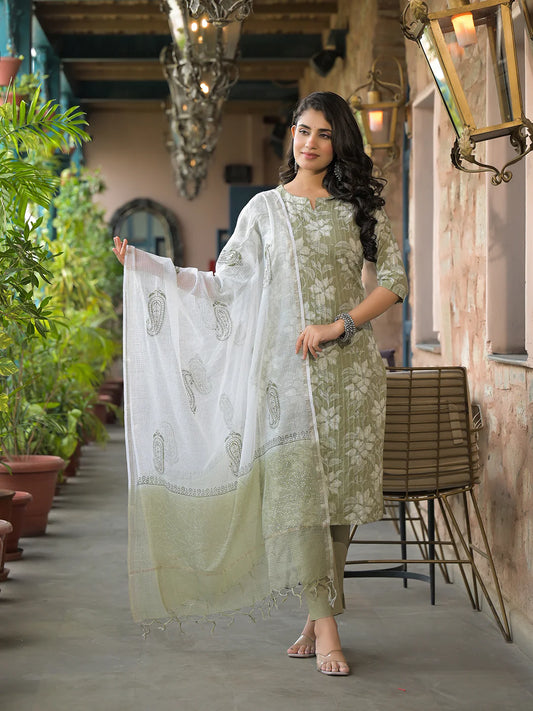 INDICASA Olive Green Cotton Kurta Pant with Dupatta