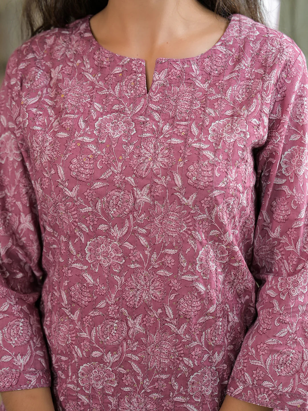 INDICASA Pink Embroidered Cotton Straight Kurta Pant Set With Dupatta
