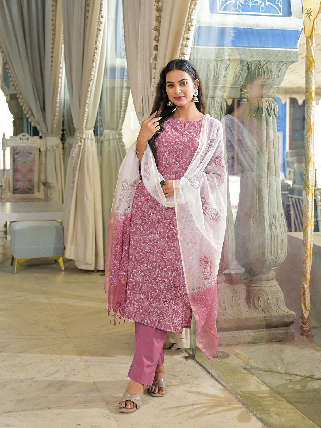 INDICASA Pink Embroidered Cotton Straight Kurta Pant Set With Dupatta