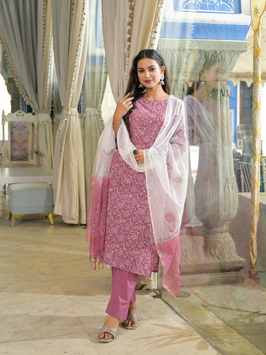 INDICASA Pink Embroidered Cotton Straight Kurta Pant Set With Dupatta