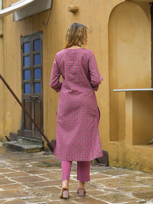 INDICASA Pink Embroidered Cotton Straight Kurta Pant Set With Dupatta