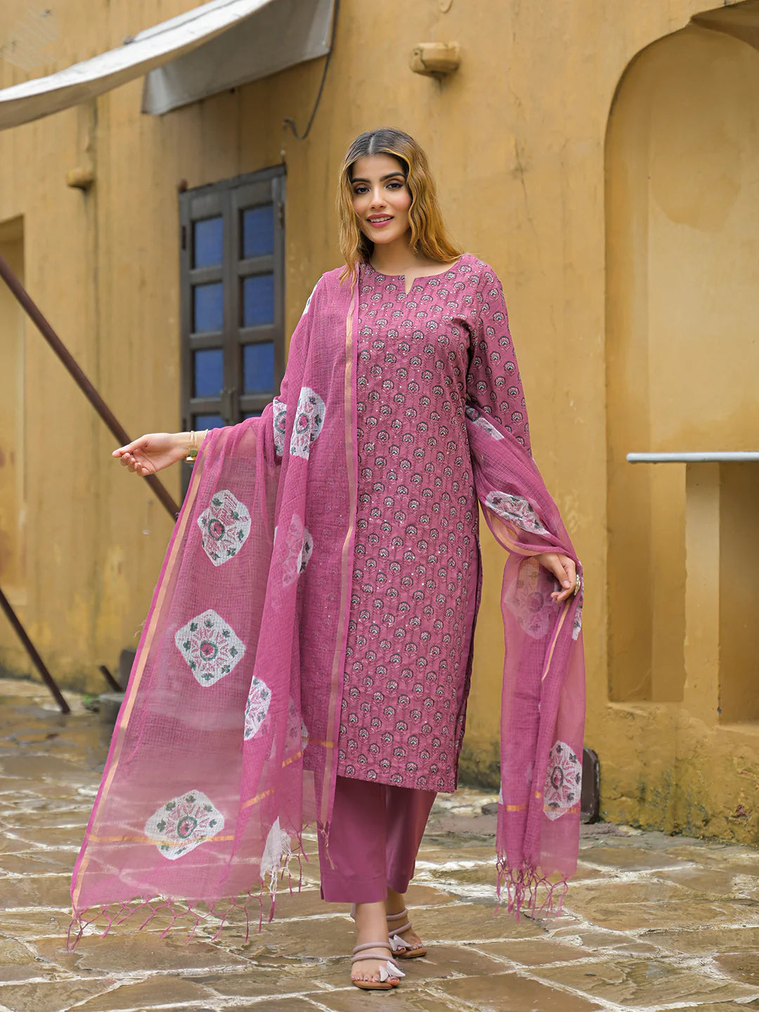 INDICASA Pink Embroidered Cotton Straight Kurta Pant Set With Dupatta