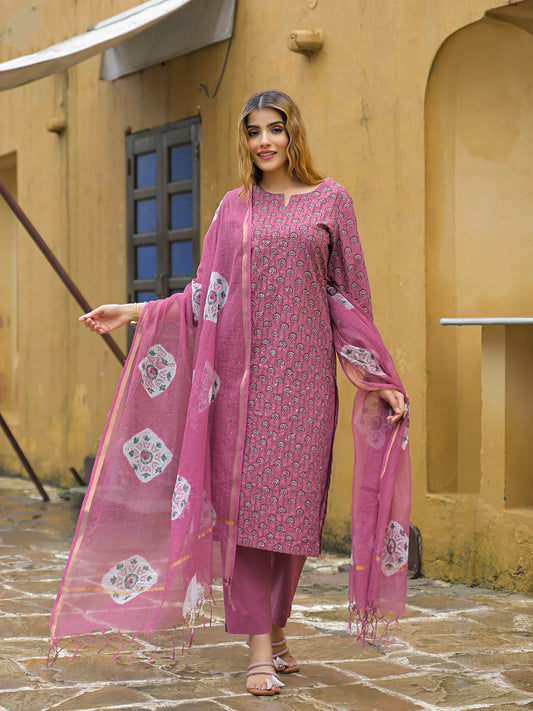 INDICASA Pink Embroidered Cotton Straight Kurta Pant Set With Dupatta