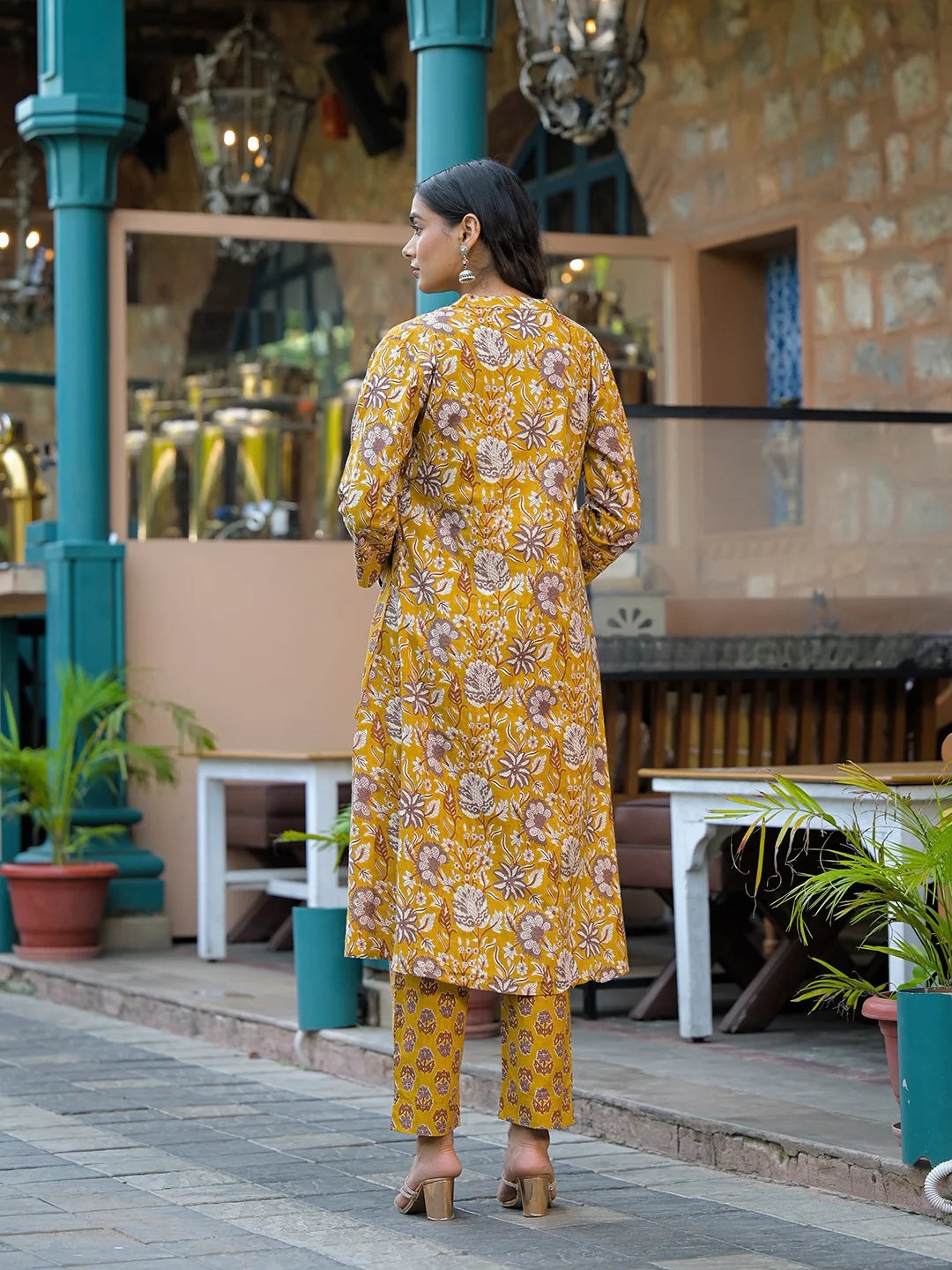 INDICASA Mustard Floral Print Cotton Kurta Sets With Dupatta