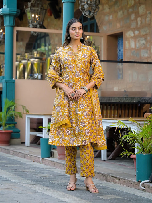 INDICASA Mustard Floral Print Cotton Kurta Sets With Dupatta