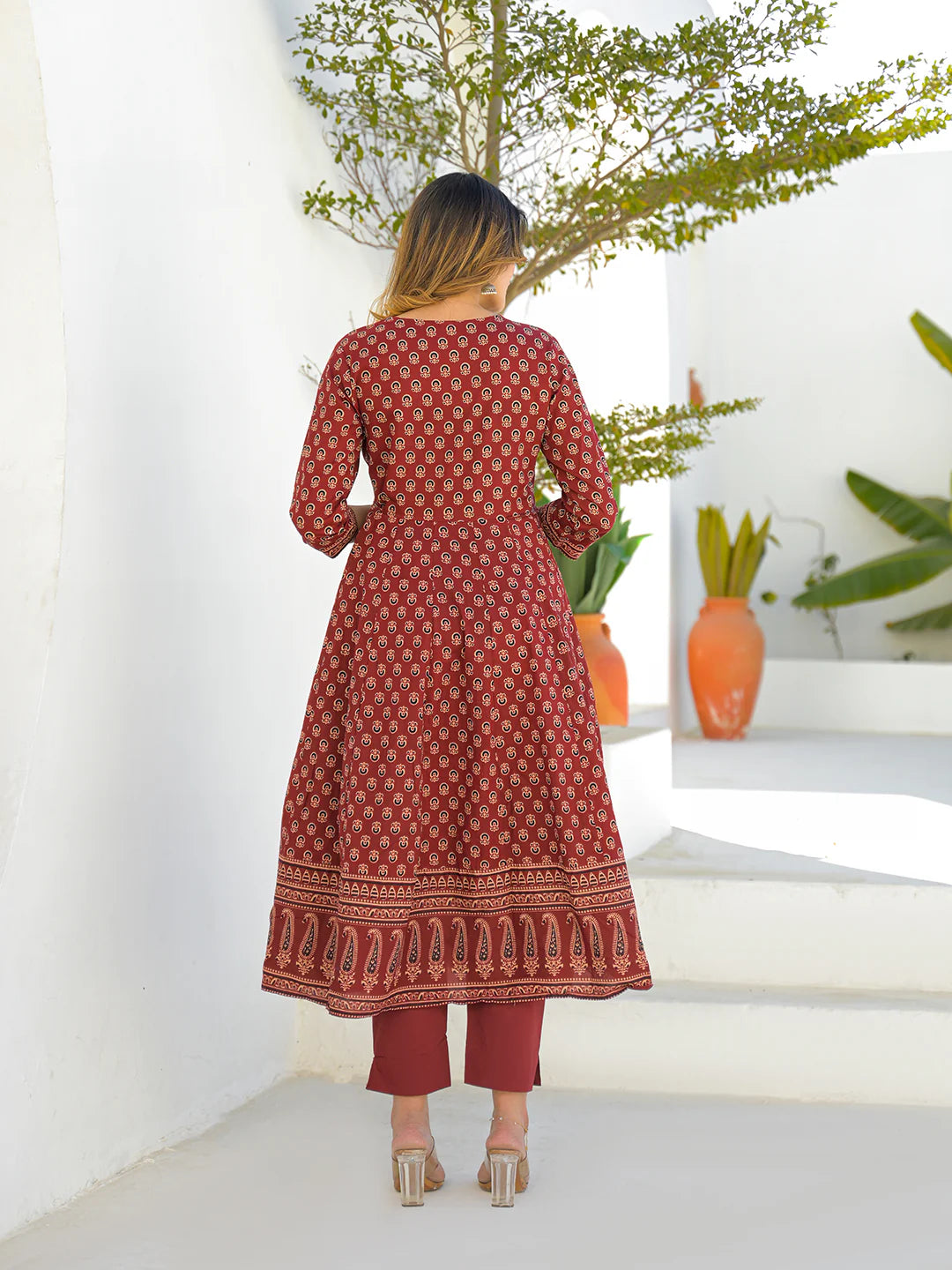 INDICASA Maroon V-Neck Anarkali Floral Cotton Kurta Pant Set With Dupatta