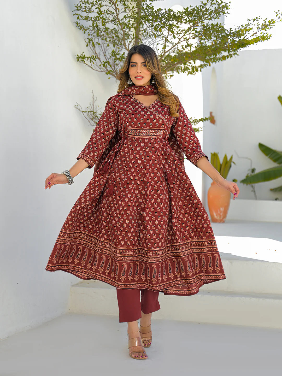 INDICASA Maroon V-Neck Anarkali Floral Cotton Kurta Pant Set With Dupatta