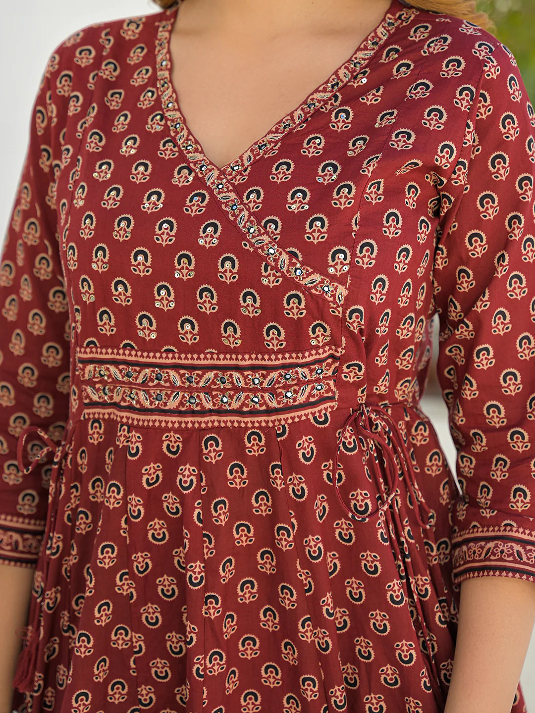 INDICASA Maroon V-Neck Anarkali Floral Cotton Kurta Pant Set With Dupatta