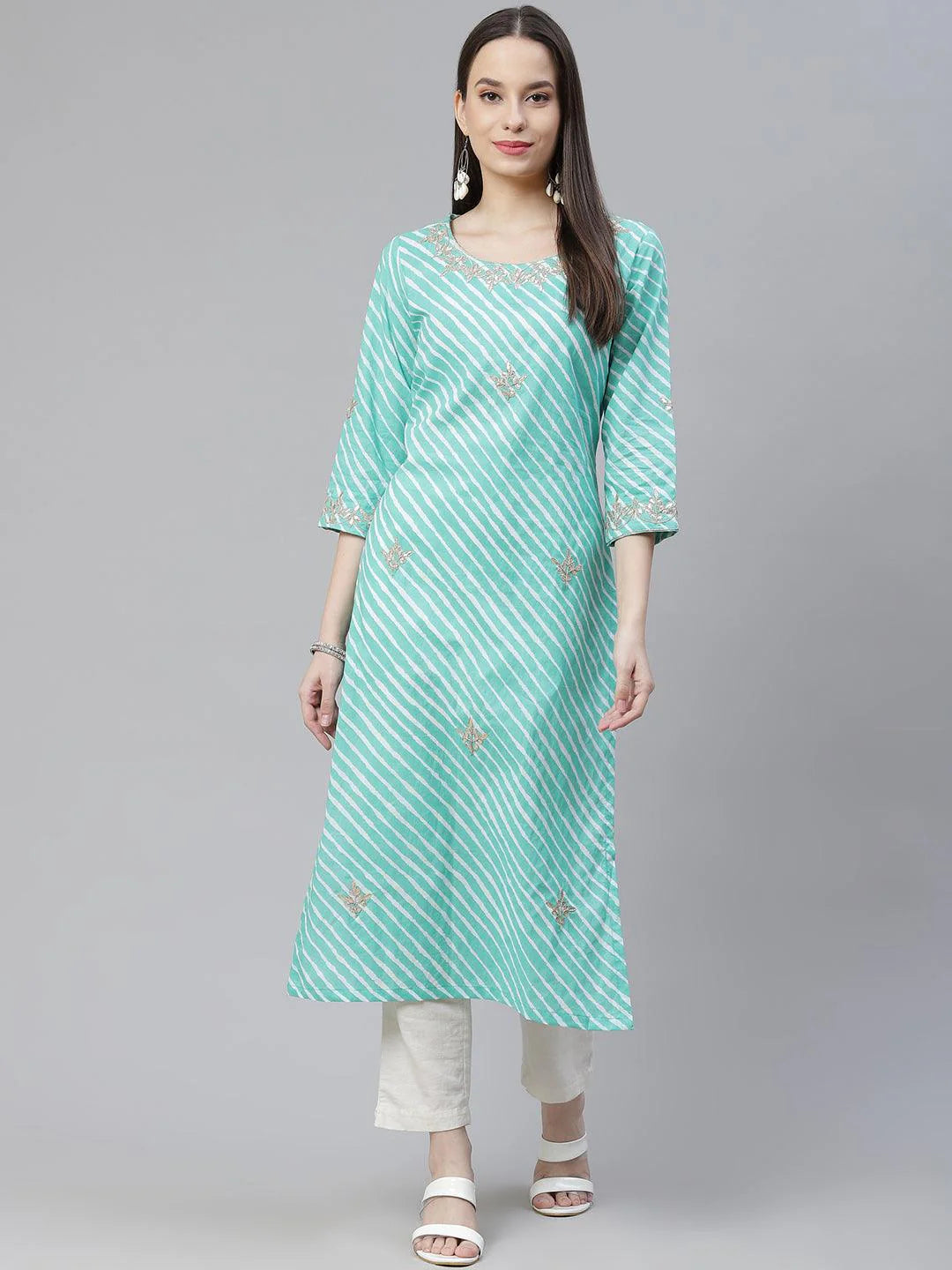 INDICASA Green Leheriya Cotton Gota Patti Straight Kurta