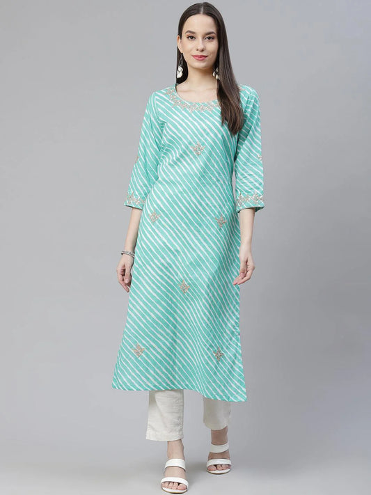 INDICASA Green Leheriya Cotton Gota Patti Straight Kurta