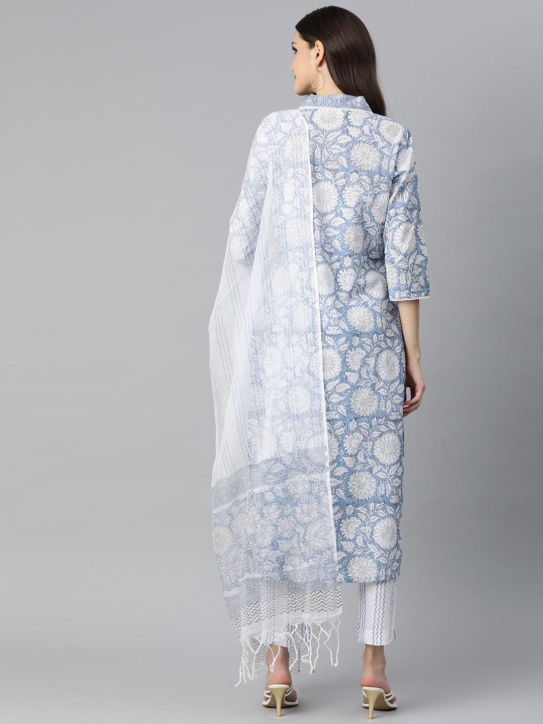 INDICASA Sky blue Hand Block Printed Straight kurta Pant Set with Dupatta