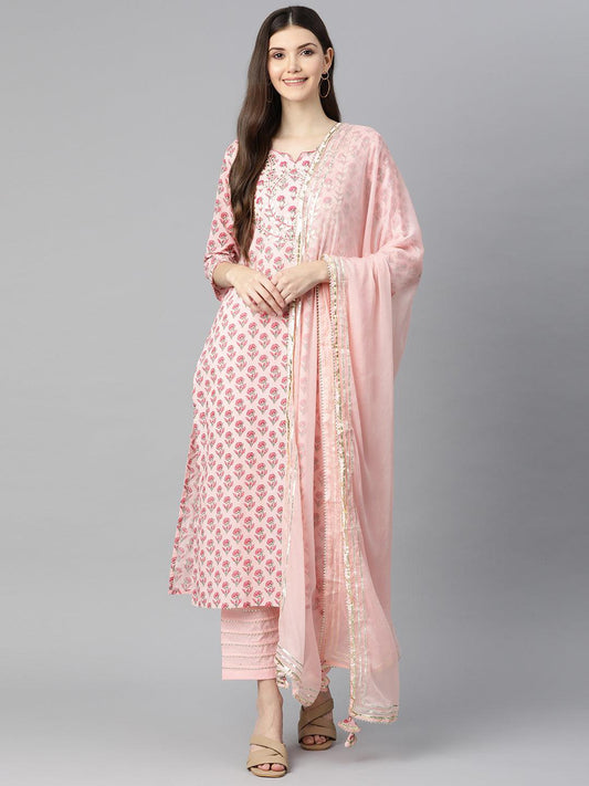 INDICASA Pink Cotton Straight Kurta Pant Set With Dupatta