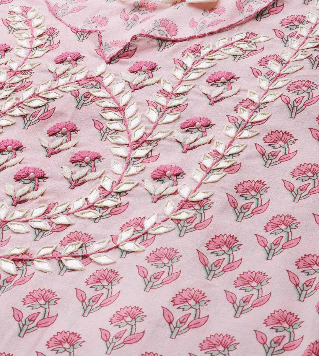 INDICASA Pink Cotton Straight Kurta Pant Set With Dupatta