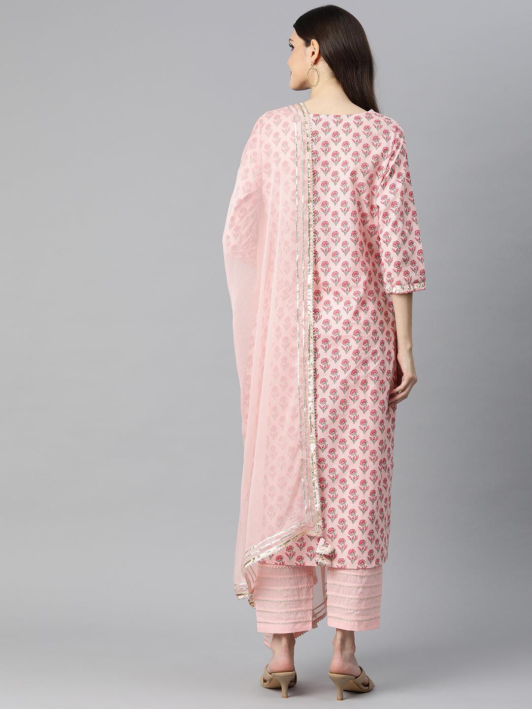 INDICASA Pink Cotton Straight Kurta Pant Set With Dupatta