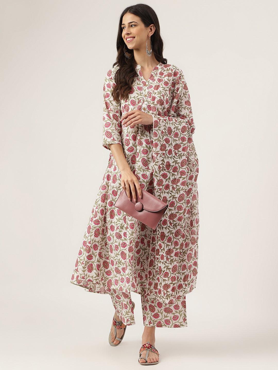 INDICASA White Floral Printed Anarkali Kurta Palazoo Sets