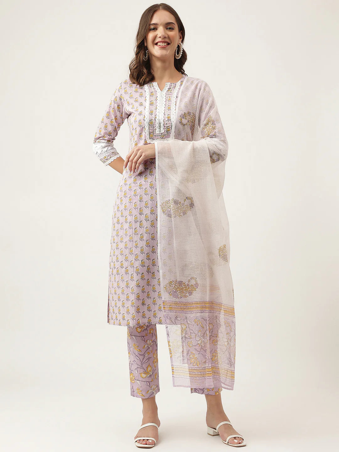 INDICASA Lavender Hand Block Printed Cotton Kurta, Trouser with Kota Doria Dupatta Set