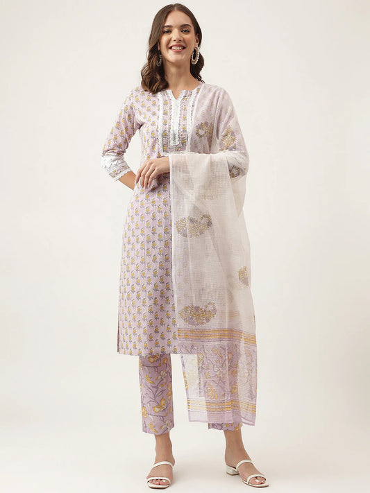 INDICASA Lavender Hand Block Printed Cotton Kurta, Trouser with Kota Doria Dupatta Set