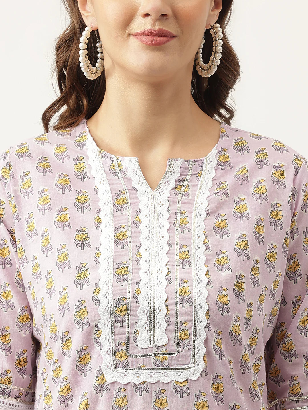 INDICASA Lavender Hand Block Printed Cotton Kurta, Trouser with Kota Doria Dupatta Set
