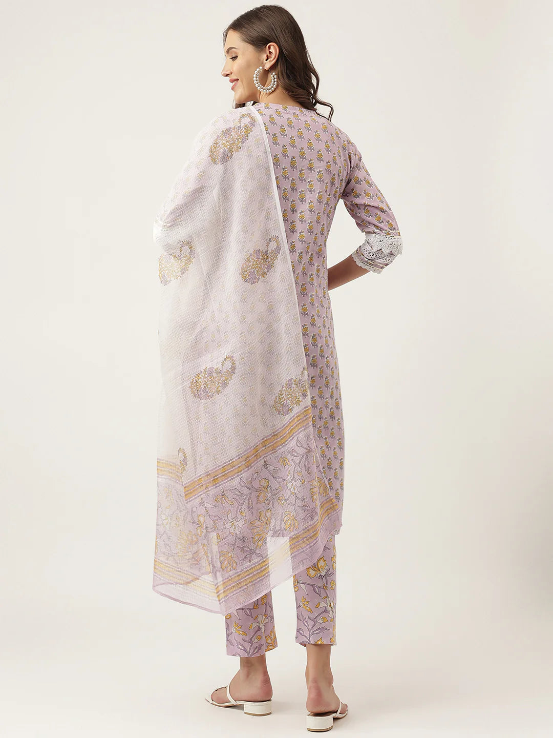 INDICASA Lavender Hand Block Printed Cotton Kurta, Trouser with Kota Doria Dupatta Set