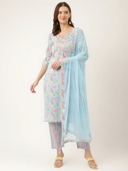 INDICASA Blue Floral Print Cotton Kurta, Trouser With Dupatta