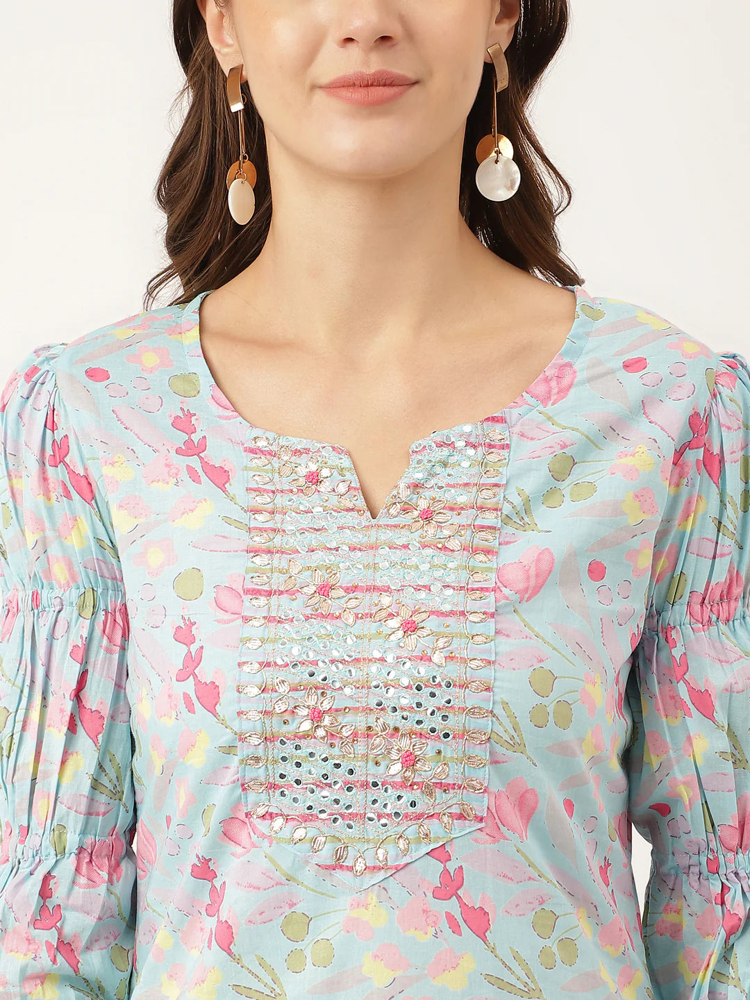 INDICASA Blue Floral Print Cotton Kurta, Trouser With Dupatta